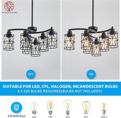 XINGQI Modern Black Chandelier 6-Light Pendant Lighting Fixture with Metal Shade 24" Height Adjustable for Dining Room Living Room Bedroom