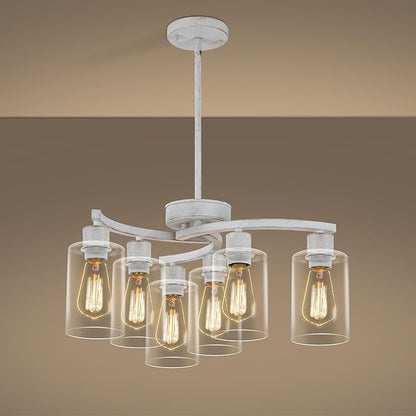 6-Light Antique White Chandelier with Clear Glass Shade, French Country Chandeliers for Dining Room, Adjustable Height Hanging Farmhouse Pendant Lighting for Kitchen Island Entryway Office