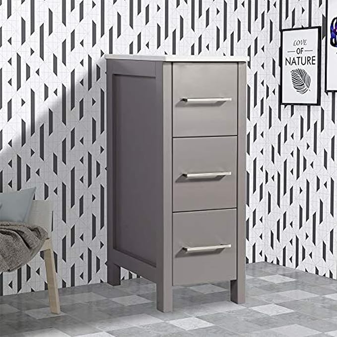Vanity Art 12 Inch Bathroom Cabinet 3 Dove-Tailed Drawers with Engineered Marble Top Side Storage Organizer Freestanding Single Vanity VA3112-G
