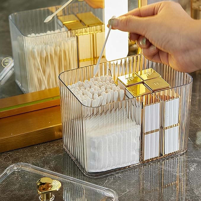 Qtips Holder Bathroom Container,3-Section Cotton Ball/Swabs Dispenser,3 Grids Apothecary Jar Organizer, Cosmetics Storage for Vanity