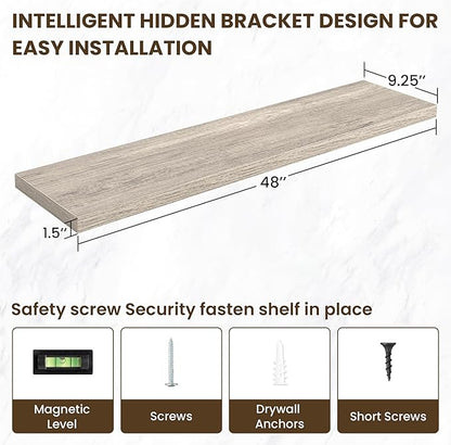 48 Inch Floating Shelves, 3D Textured Wood Grain, 48"x9.25"x1.5" Inch Deep Floating Shelves for Wall, Wooden Shelves for Bathroom, Bedroom, Living Room, Vintage Gray Oak