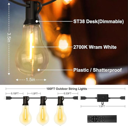 100FT Outdoor String Lights Waterproof with 64+4 Bulbs (1.5FT Bulbs Spacing), Remote & Dimmer, Commercial Patio String Lights with 3 Mode Light & Timing, 100PC Mounting Ties for Outside