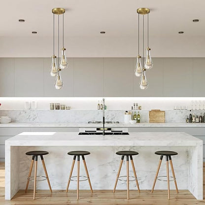 Brass 3 Light Pendant Lighting for Kitchen Island, Raindrop Cluster Pendant Light Fixture, Adjustable Hanging Rope Glass Chandelier Dining Room Light Fixture Ceiling Lamp for Foyer Hallway