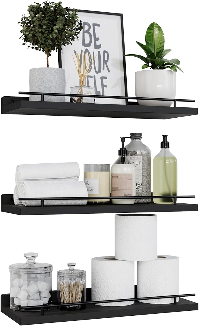 WOPITUES Floating Shelves with Black Metal Guardrail, Shelves for Wall Decor Set of 3, Wall Shelves for Bedroom, Bathroom, Kitchen, Living Room, Plants, Picture Frames, Art- Black