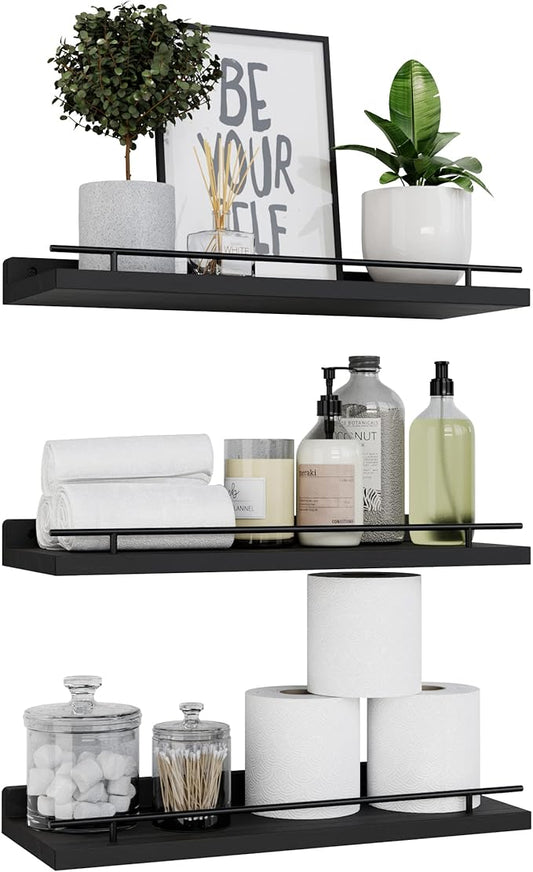 WOPITUES Floating Shelves with Black Metal Guardrail, Shelves for Wall Decor Set of 3, Wall Shelves for Bedroom, Bathroom, Kitchen, Living Room, Plants, Picture Frames, Art- Black