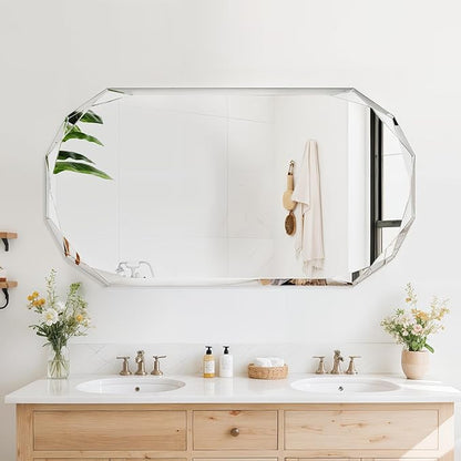 Bathroom Mirror for Wall, 24" x 48" Oval Mirror, Bathroom Vanity Mirror, Beveled Edge Frameless Wall Mount Vanity Mirrors, Wall Mirrors Decorative, Irregular Beveled Edge Mirror