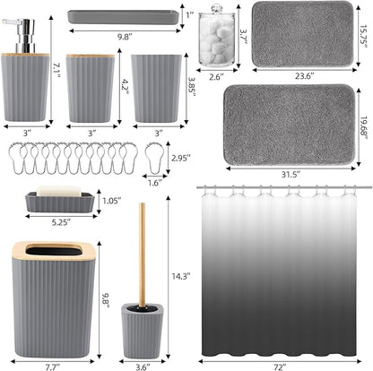 Bathroom Accessory Set–Bathroom Set with Shower Curtain and Rugs, No Slip Bathroom Rugs Super Absorbent, Grey Ombre Waterproof Shower Curtain with Hooks, Gray Bathroom Sets Complete for Home