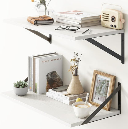 Deep Floating Shelves, 12 Inch Deep Floating Shelves for Wall, 24"W x 12"D Wall Shelves for Books, Rustic White Wooden Shelves, Large Wide Display Shelf for Bathroom, Living Room, Bedroom, Set of 2