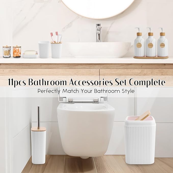 Bathroom Accessories Set White Bathroom Set with Trash Can,3PCS Lotion Soap Dispenser, Toothbrush Holder, Soap Dish,Tumbler Cup,6pcs Wood Tags White Bath Accessories with Tray for Bathroom Decor