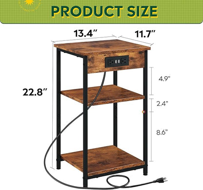 WLIVE End Table with Charging Station, Small Night Stand with 3 Storage Shelves, Side Tables for Small Spaces, Bedside Tables for Living Room, Bedroom, Rustic Brown