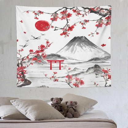 Red Cherry Blossoms Tapestry, Japanese Fuji Mountain Tapestry, Asian Japanese Wall Tapestry, Nature Landscape Tapestries for Bedroom Living Room Decor 60"x50"