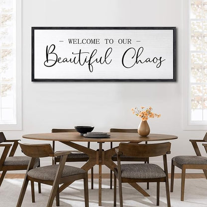 Welcome To Our Beautiful Chaos Sign Wall Decor Framed Wood 32X12 Inch For Rustic Home Living Room Entryway Bedroom Hanging Art (Black)