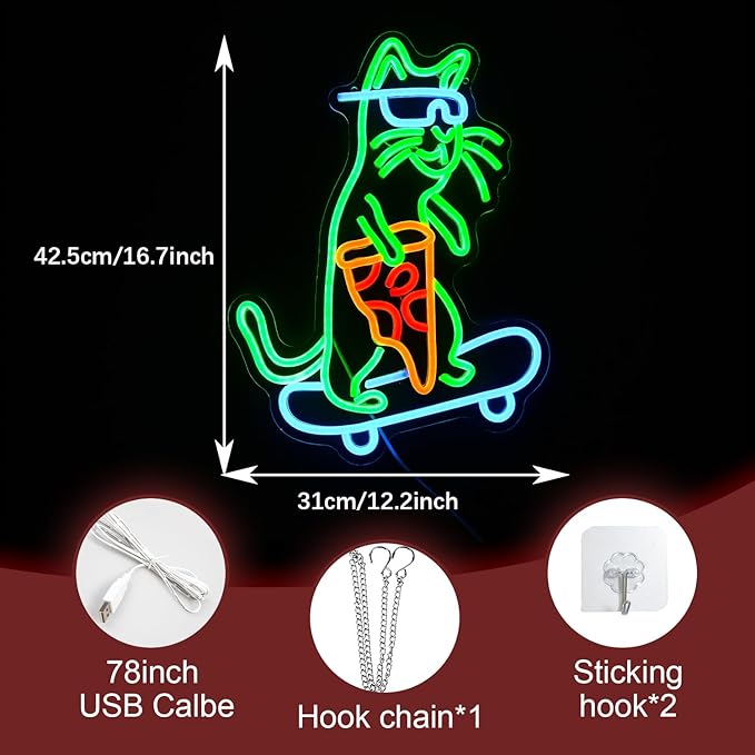 Skateboard Cat Neon Sign LED Cool Glasses Cat Neon Light for Wall Decor Pizza Neon Light Sign Dimmable USB Cat Pizza Light Up Sign for Bedroom Pizza Restaurant Pet Shop Gift (16.7 "*12.2 ")