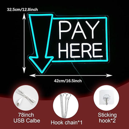 Pay Here Neon Sign Bright Ice Blue White Pay Light Up Sign for Business Decor Dimmable LED Words Neon Light for Restaurant Shop Bar Neon Wall Decor (16.5 * 12.8 In)