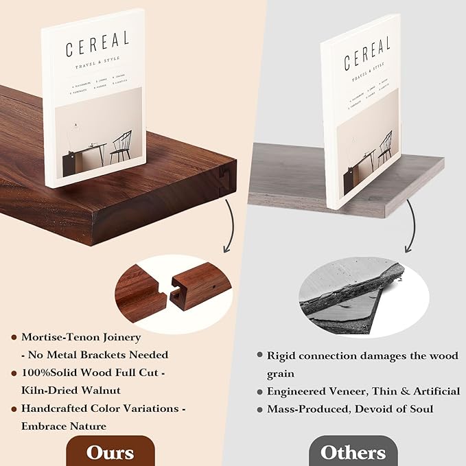 Solid Walnut Floating Shelves for Wall, 24"*10"*1.6"Real Thick Wood Mounted Wall Display Shelf with Joinery for Home Decor, Bathroom,Kitchen（ Natural Walnut Brown）