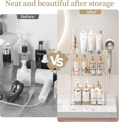 Bathroom Counter Organizer with Hair Dryer Holder, Hair Tool Countertop Storage, Cosmetics Skincare Shelf Organizer, Makeup Organizer Perfume for Dresser Vanity Tray(3 Tier-White)