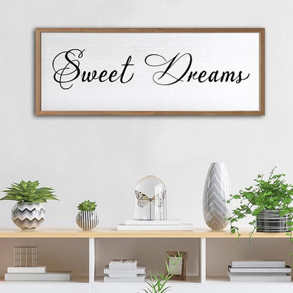 Sweet Dreams Wall Decor Above Bed 40x15 Inch Large Master Bedroom Hanging Wood Rustic Framed Farmhouse Sweet Dreams Sign Guest Room Aesthetic And Minimalist Over Bed Wall Art（Wood White）