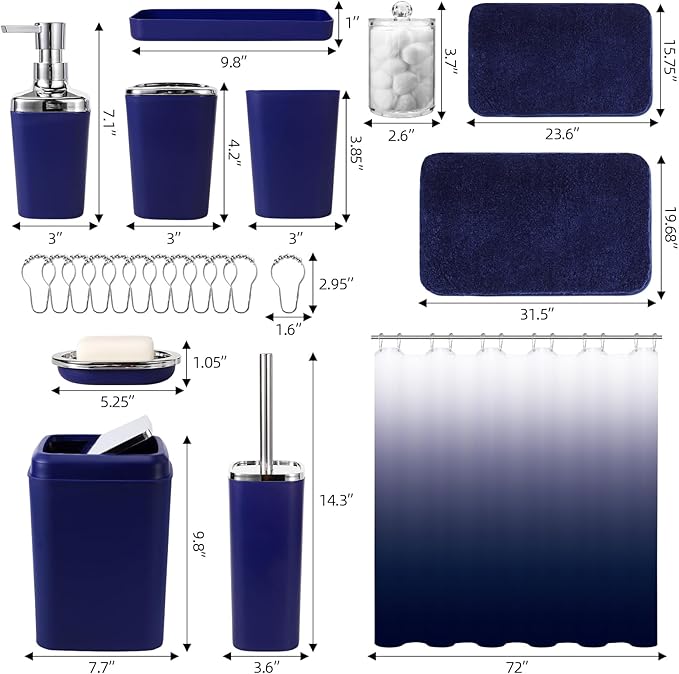 24PC Navy Blue Bathroom Set with Shower Curtain and Rugs, Blue Bathroom Sets Complete with Trash Can,Soap Dispenser,Soap Dish,Toilet Brush,Toothbrush Holder and Cup,Tray,Q-Tip Holders