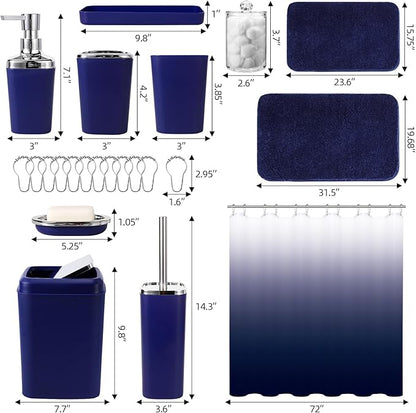 24PC Navy Blue Bathroom Set with Shower Curtain and Rugs, Blue Bathroom Sets Complete with Trash Can,Soap Dispenser,Soap Dish,Toilet Brush,Toothbrush Holder and Cup,Tray,Q-Tip Holders