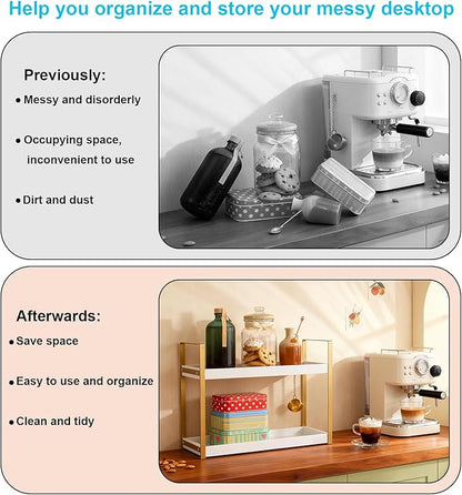 Bathroom Counter Organizer with Basket, Wooden Sink Shelf for Vanity Storage, Storage Organizers for Bathroom, Kitchen, Dresser (Gold - White)