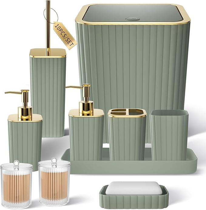 Bathroom Accessories Set - Gorgeous Bathroom Set, 10PC Sage Green Bathroom Accessory Set, Toilet Brush, Trash Can & Soap Dispenser