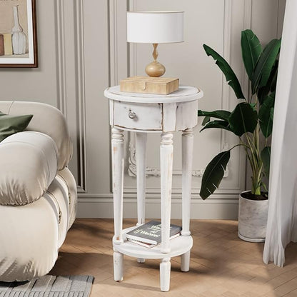 COSIEST Tall End Table with Drawer Sets of 2, Round Nightstand Bedside Table with Storage Shelf, Industrial Telephone End Table for Living Room, Bedroom, Hall Way, Space Saving
