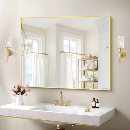 Gold Bathroom Mirror for Wall, 30x36 Inch Rectangle with Metal Frame, Modern Vanity for Bathroom Living Room, Entryway Hangs Horizontal or Vertical
