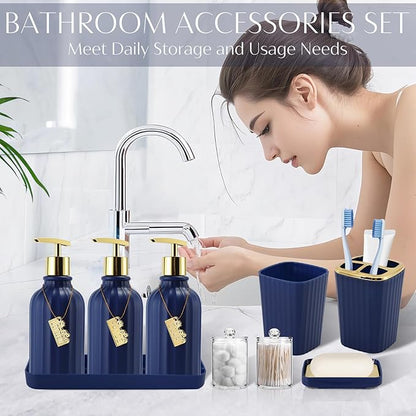 17PCS Bathroom Accessory Set Bathroom Set Navy Blue Bathroom Accessories,Toilet Brush, Trash Can, Qtip Holder Dispenser& 3PCS Soap Dispenser