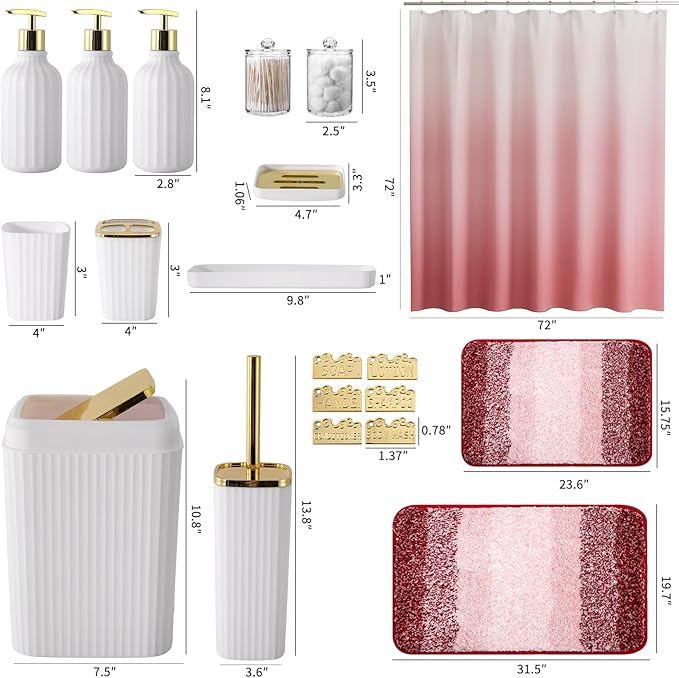 32PCS Bathroom Set Bathroom Sets with Shower Curtain and Rugs Gold Bathroom Accessories,Shower Curtain Set,Bathroom Rug Set with Bathroom Trash Can