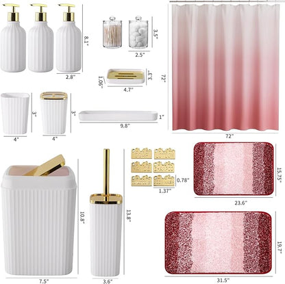 32PCS Bathroom Set Bathroom Sets with Shower Curtain and Rugs Gold Bathroom Accessories,Shower Curtain Set,Bathroom Rug Set with Bathroom Trash Can