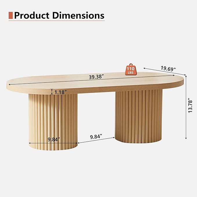 Oval Fluted Coffee Table, Farmhouse Wood Coffee Table Mid Century Modern Center Table Boho Living Room Tables for Living Room Office (Natural, 19.69" D x 39.38" W x 13.78" H)