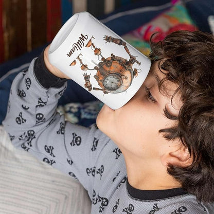 Steampunk Robot Coffee Mug With Custom Name, Customized Mechanical Themed Design Ceramic Cup, Steampunk Enthusiasts White Cup 11oz Or 15oz, Personalized Mug Gift For Daughter Son