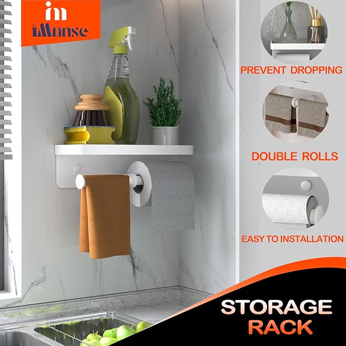Double Toilet Paper Holder with Shelf, iMonse Paper Towel Holder Wall Mount,Tissue Roll Holder for Bathroom Kitchen RV, Double Tissue Roll Rack with Adhesive & Screw (White)
