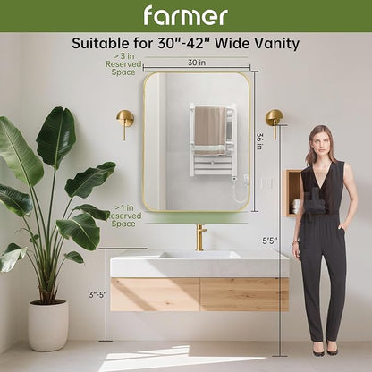 FARMER 30x36 Inch Gold Bathroom Mirror, Rectangle Vanity Mirror, Brushed Mirrors for Wall, Metal Frame Hanging Mirror with Round Corner for Bedrooms, Entryways, Living Rooms, Horizontal/Vertical