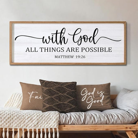 With God All Things are Possible Framed Wall Art, 40''×15'' Natural Religious Rustic Bible Verse for Christian God Jesus Christ Prayer, Holy Positive Horizontal Inspirational Catholic Scripture Decor