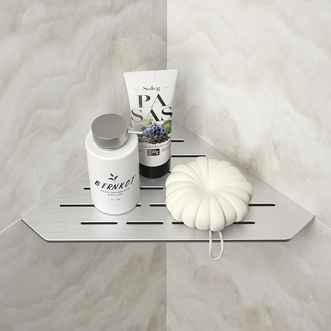 Corner Shower Shelf 10" Brushed 304 Stainless Steel Pentagonal Heavy Duty Floating Corner Shelf Slot Design Recessed Bathroom Shelf for Tiled Wall, No Drilling Needed