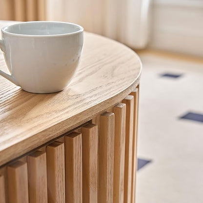 51.18'' Oval Coffee Table for Living Room Fluted Center Table with Drawer, Mid Century Modern Coffee Tables, Easy Assembly for Office Storage Tea Table Oak