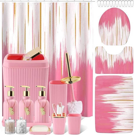 32PCS Bathroom Sets with Shower Curtain and Rugs-Grey Bathroom Accessories,Non Slip Bathroom Rugs Set with Toilet Lid Cover, Waterproof Shower Curtain, 3PC Soap Dispenser with Trash Can