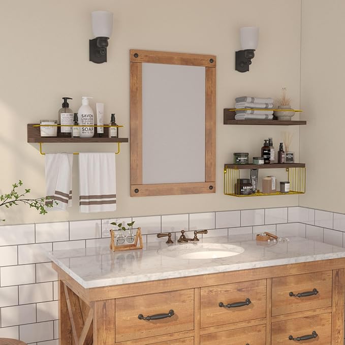 Bathroom Shelves Over Toilet for Wall, Floating Shelves with Storage Basket Paper Holer for Kitchen Living Room, Bedroom & Classroom, Set of 3 (Brown and Gold)