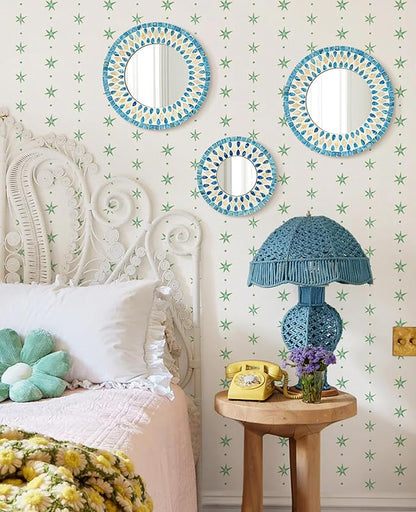 TEIPAI Handmade Mother of Pearl Mirror for Wall Decor, 3PCS Round Decorative Mirrors for Beach Nautical Home Hotel Coffee Shop, Natural Plate Art Hanging Sculpture for Dorm Apartment Entryway (Blue)