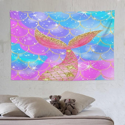 HZOHNAGO Mermaid Scales Tapestry Colorful Shiny Scales Mermaid Tail Pattern Printed Wall Tapestry Wall Hanging for Bedroom Living Room Dorm 90" W x 60" H