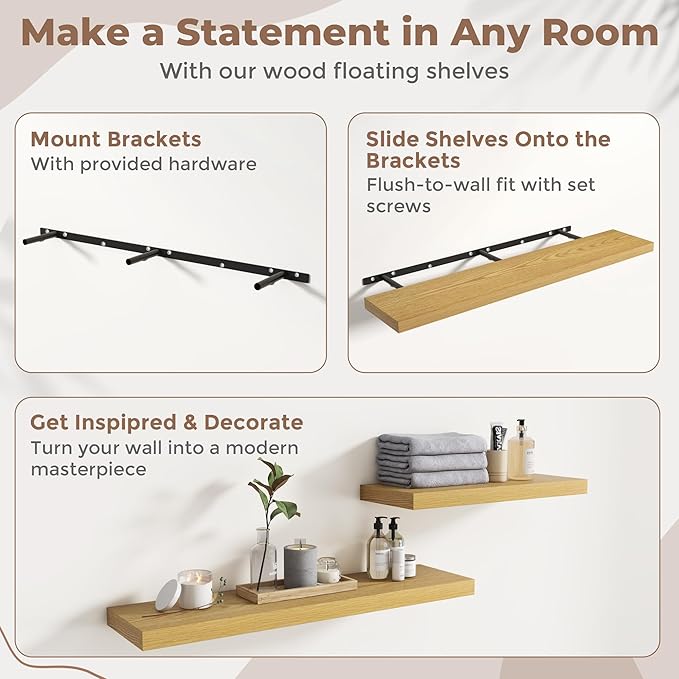 48 Inch Floating Shelves for Wall Set of 2, 8"D Wood Grain Bathroom Shelves with Invisible Brackets, Easy Install Engineered Wood Storage Shelves for Kitchen, Living Room, Bedroom, Oak Finish