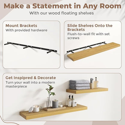 55 Inch Floating Shelves for Wall Set of 2, 8"D Wood Grain Bathroom Shelves with Invisible Brackets, Easy Install Engineered Wood Storage Shelves for Kitchen, Living Room, Bedroom, Oak Finish