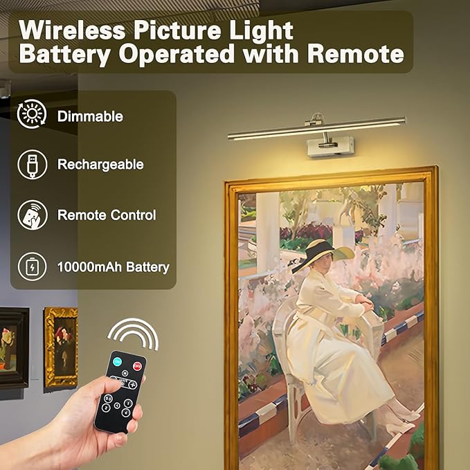 Wireless Picture Lights Rechargeable Gallery Lighting Battery Picture Frame Light with Remote and Timer, Adjustable Art Light for Paintings, Portraits, Antique Bronze Finish 24'' Inch 5W 2700K