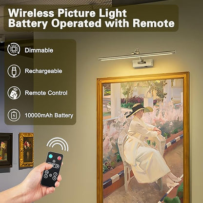 Wireless Picture Lights Rechargeable Gallery Lighting Battery Picture Frame Light with Remote and Timer, Adjustable Art Light for Paintings, Portraits, Antique Bronze Finish 24'' Inch 5W 2700K