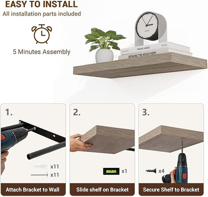 36 Inch Floating Shelves, 3D Textured Wood Grain, 36"x9.25"x1.5" Inch Deep Floating Shelves for Wall, Wooden Shelves for Bathroom, Bedroom, Living Room, Vintage Gray Oak, 2 Pieces