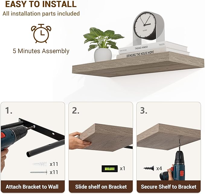 16 Inch Floating Shelves, 3D Textured Wood Grain, 16"x9.25"x1.5" Inch Deep Floating Shelves for Wall, Wooden Shelves for Bathroom, Bedroom, Living Room, Vintage Gray Oak, 2 Pieces