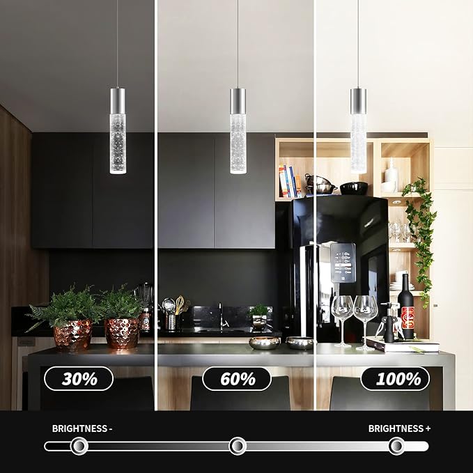 OKELI Modern Pendant Lights,LED Bubble Crystal Kitchen Island Light Fixtures,Chrome Mini Single Pendant Lighting for Kitchen Island,Bar,6W,6000K,ETL,3Pack