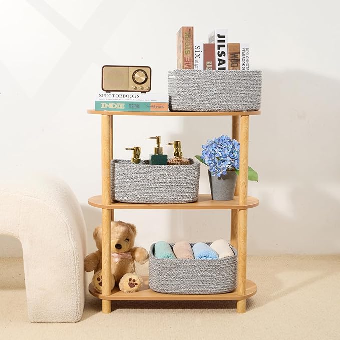 Small Storage Baskets for Organizing | Closet Organizer Bins | Shelf Toy Basket | Woven Rope Baskets | Cube Decorative Box | Shallow Basket | 13x8.5x5.1” | 4 Packs Mixed Grey