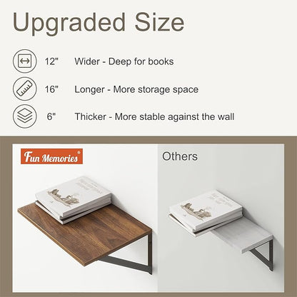 Deep Floating Shelves for Wall, 12 Inch Deep Floating Shelves Set of 2, 16"W x 12"D Wall Shelf, Wide Display Ledges Shelves for Bedroom, Bathroom, 12 Deep Bookshelf Wall Mounted - Walnut Color